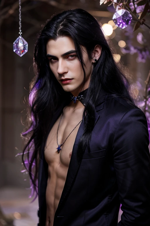 young handsome hetero Man Jinx Edward vampire with big indigo-eyes and gems and long black hair, with nice and delicate face