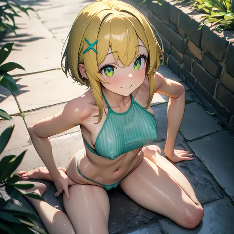 (finely detail:1.4), 1girl, (short stature), (slender), narrow waist, yellow blonde hair, short hair,  short hair with short locks, side locks, X hairpin, (green  eyes), smile,  wariza,medium breasts, ((horizontal striped pattern)), (green striped bikini) ...