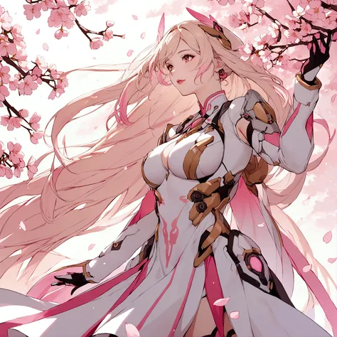 Pink mercy with long hair from overwatch surrounded by cherry blossoms in flight