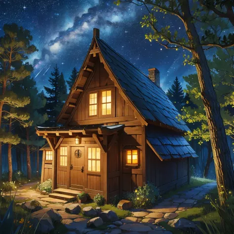 small medieval building in the forest at the starry night