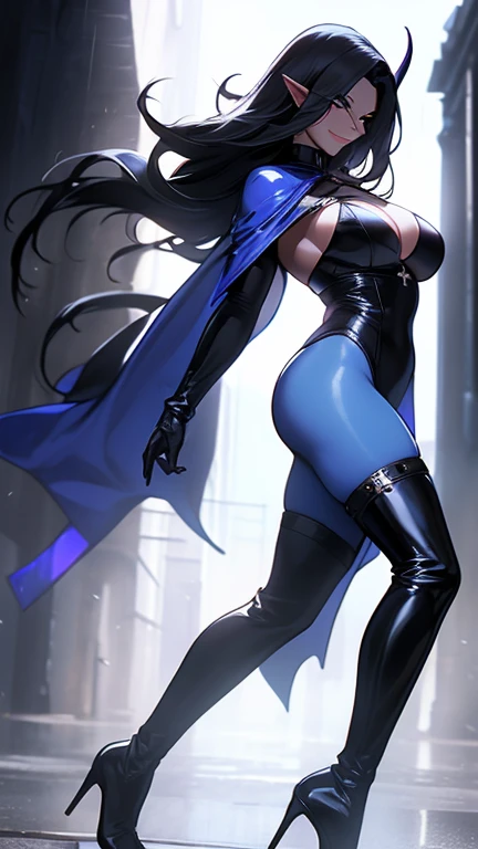 Mature Woman,(Food,Long gloves,Thigh-high boots),(Detailed Description, High resolution，8k wallpaper，masterpiece，Highest quality,Depth of region,Anatomically accurate depiction),((Blue-skinned dark elf,assassin)),((Wicked Smile)), (From above:1.1),eyelash,...