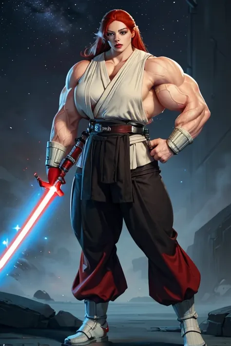 (((massive, tall, beautiful, buff, muscular pale white skinned asian female jedi with red hair, black lipstick, ginormous bulky ...