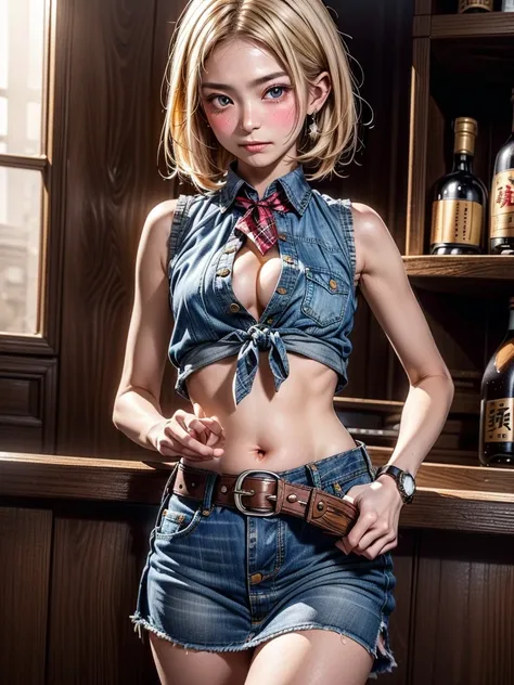 (((1 person:2.0))),(((Cowgirl Costume))),(((Slim Body 1.5))),(((Small Ass))),(((Denim Super Mini Skirt:1.5))),(((Wear a belt:1.5))),(((He is wearing a sleeveless collared shirt, Plaid, Front tie shirt:1.5))),(((Wear an accurate watch))),(((Sandals))),(((Sh...