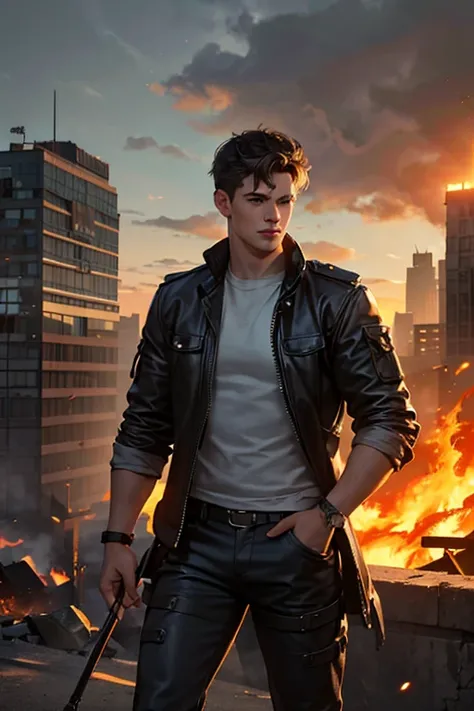 a man, 25 years old, black hair, hazel eyes, 61" height, rugged, muscular, standing on a rooftop, city in ruins behind him, smoke and fire emitting from the buildings, (best quality,4k,8k,highres,masterpiece:1.2),ultra-detailed,(realistic,photorealistic,ph...