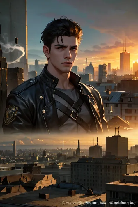 a man, 25 years old, black hair, hazel eyes, 61" height, rugged, muscular, standing on a rooftop, city in ruins behind him, smoke and fire emitting from the buildings, (best quality,4k,8k,highres,masterpiece:1.2),ultra-detailed,(realistic,photorealistic,ph...