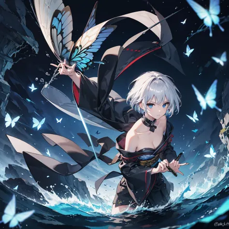 ((High resolution　Gray Hair　short hair　Black kimono　Black Band　military commander　Lonely　despair　blue eyes))　((Yellow butterfly　night　Japanese style　shoulder　old　Shining Aura　garden　water surface))　(dance　Blade of Darkness　Holding a sword　Slashing)　moon　st...