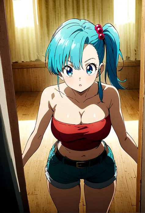 score_9, score_8_up, score_7_up, break  ,from front,1girl,bulma, blue eyes, blue hair,bare shoulders, belt, cleavage, hair bobbl...