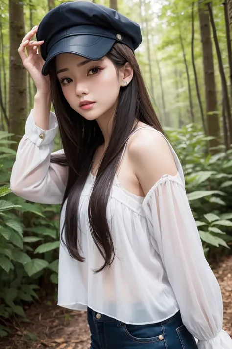 Brunette girl with fake blouse and cap in the middle of the forest 