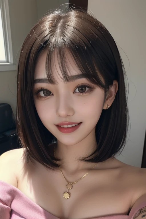 1 girl, 19 years old, south korean, 4k, masterpiece, frekles under eyes, short whavy brown hair, bob haircut, pink eyes, red lips, red eyeliners, massively large breast, off shoulder pink top, discovered breast, tattoo in the neck, gold necklase, tilted he...