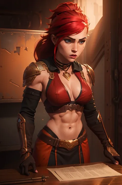 A muscular female warrior battle chasers nightwar red monika with red hair in a high ponytail, wearing a red and gold armored outfit. Her costume includes a form-fitting top and large shoulder guards, with a dark cloak around her neck. The background is da...