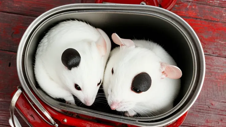 create a closeup macro photo of a white mouse and a black mouse snuggling in yin yang position in a shallow tin can on a red weathered wood surface, dinematic, dramatic, viewed from above, focus on mice