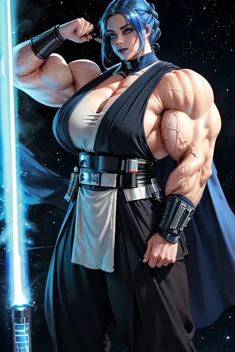 (((Massive, tall, beautiful, buff, muscular pale white skinned female Jedi with royal blue hair, black lipstick, ginormous bulky muscles, holding a lightsaber and wearing an all royal blue Jedi outfit and Jedi pants))), (((close view))), black eyeliner, ma...