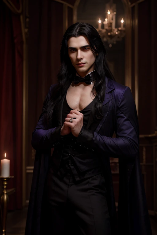 Lovely young handsome hetero Man Jinx Edward vampire with big indigo-eyes and gems and long black hair, with nice and delicate face, in a dark gothic magic castle with annie and claudia and Lestat, in Red Rose manor