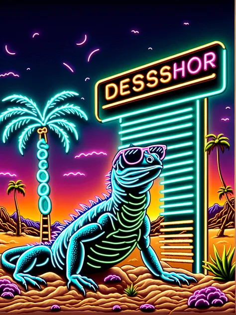 neon，shop sign，desert scene，palm tree，dune，cool lizard wearing sunglasses，发光的neonshop sign，ultra high saturation，bright colors