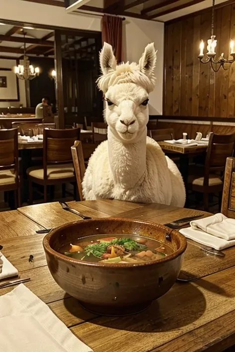 An alpaca eating at a Spanish restaurant in Saitama Prefecture。Soup on the table、Cutlery for the course meal is laid out