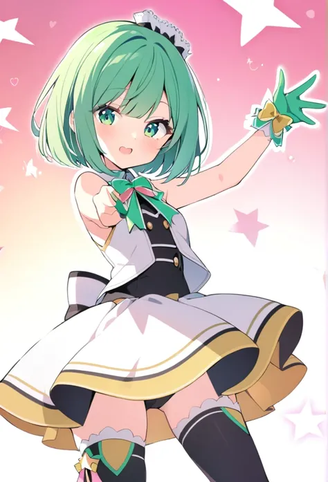 1 girl, cute, young, green hair, bob haircut, green eyes, idol costume, thigh high,