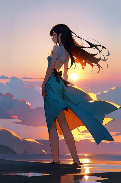 A woman who loves summer。Watching the sun set on the horizon、Back view。A 2D illustration-like, gentle atmosphere。The expression is delicate and beautiful、Hot Contemporary Art。masterpiece:1.2
