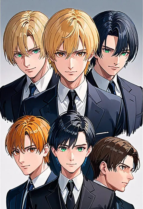 best quality)), ((masterpiece)), (detailed), perfect face of four men in suits. the first man has dark blonde hair and dark blue...