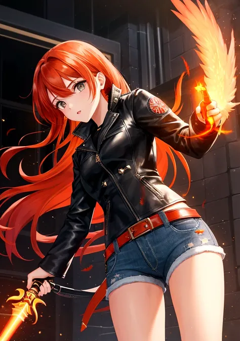 A stylish female assassin, 19 years old, with short fiery red-orange hair and a deep voice. She embodies the essence of a phoenix. She wears a black leather jacket and denim shorts, with a dagger attached to her thigh. Her leather jacket features subtle pa...