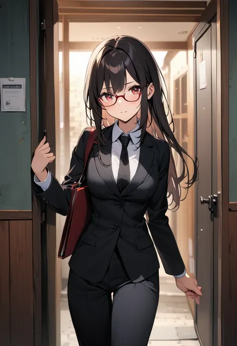 1 girl,black long hair,medium breasts,black suit,red eyes,glasses,holding a folder with her right hand,entrance