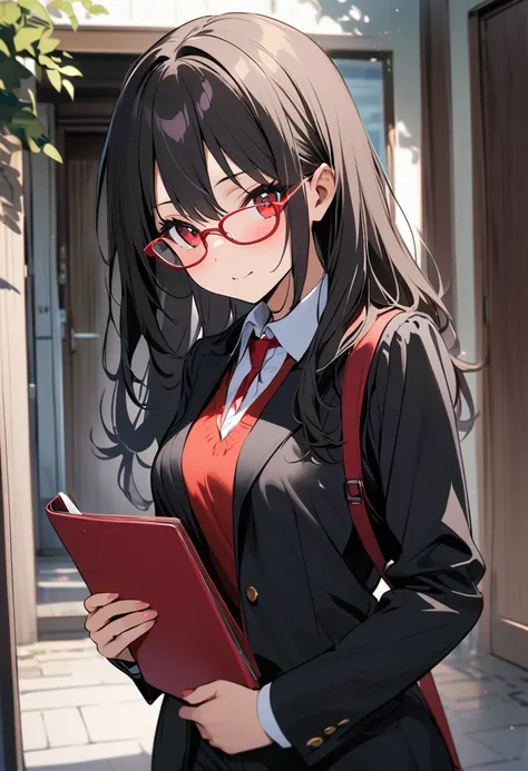 1 girl,black long hair,medium breasts,black suit,red eyes,glasses,holding a folder with her right hand,entrance