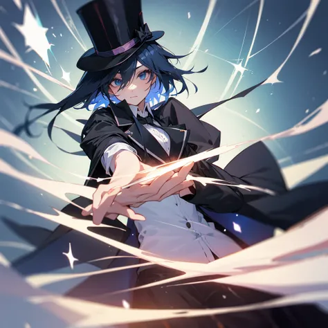 Cute Magician Anime Girl, Top Hat, Short black jacket, White buttoned t-shirt, Magic Wand, Scenario background