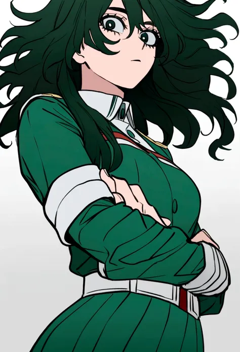 Una chica de pelo largo color verde oscuro, un ojo color gris y el otro color verde, tiene el uniforme de la escuela UA de my hero Academia