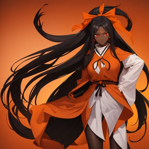  dark-skinned adult woman with very long black hair with a ponytail and an orange bow, brown uniform with a skirt with orange tights wearing an orange, red and white robe holding a red and orange katana, orange and red eyes kimetsu no yaiba Style 