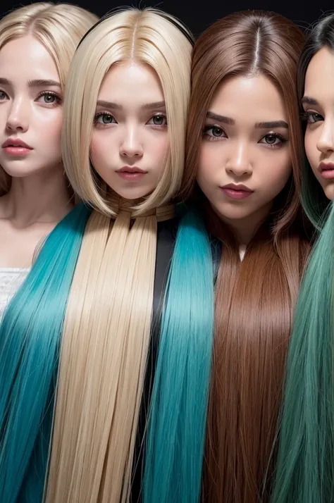 Crie uma imagem de 4 amigas que cursam direito, sendo: uma loira, uma loira mais gordinha, uma cabelo cacheado e uma cabelo liso castanho.