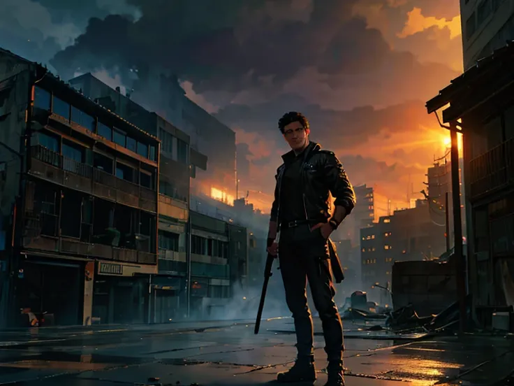 a man, 25 years old, black hair, hazel eyes, 61" height, rugged, muscular, standing on a rooftop, city in ruins behind him, smoke and fire emitting from the buildings, (best quality,4k,8k,highres,masterpiece:1.2),ultra-detailed,(realistic,photorealistic,ph...