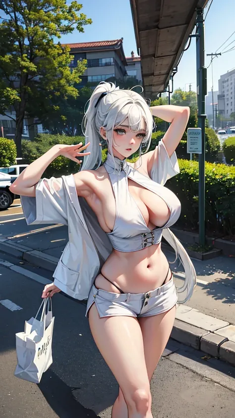 masterpiece , Best quality,Nashida(Genshin Impact), 1 girl , White shirt:1.5 ,Side Ponytail ,White hair ,Colorful hair, Green Eyes,Casual Wear , With cleavage , Black Collar, Bag , Green Hair,heavy traffic , City Life Blush, Sexy pose, (Put your hands behi...