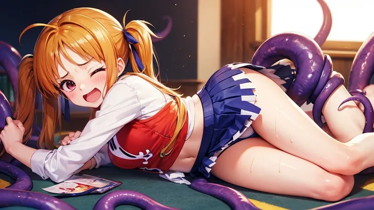 Highest quality,Highest quality,One girl,10 years old,Mouth closed,orgasm,blush, Sweat,Nanoha Takamachi,Takamati Nanoha,Twin tails,Hair Ribbon,((One Piece Uniform:1.3)),classroom、White panties、Squat、Look at this、skirt、Attacked by tentacles、Tentacles wrap a...