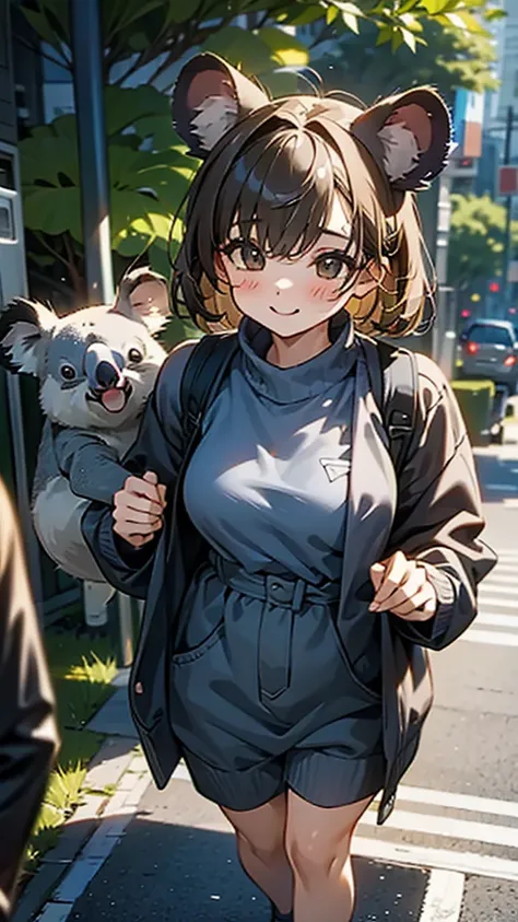 A cute girl with koala ears is walking and taking a walk with a koala