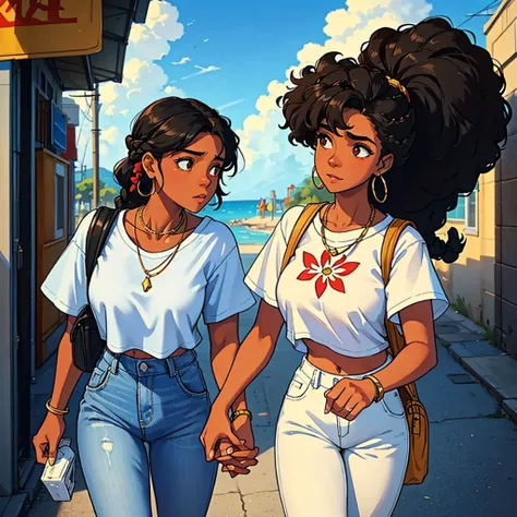 Romantic, couple, walking, hand-in-hand, under a bright, blue sky, with fluffy, white clouds, boy with, black, braided hair, wearing, white t-shirt, gold necklace, brown skin, carrying, orange backpack, girl with, voluminous, curly black hair, adorned with...