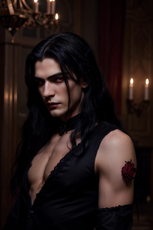 Lovely young handsome hetero Man Jinx Edward vampire with big indigo-eyes and gems and long black hair, with nice and delicate face, in a dark gothic magic castle with annie and claudia and Lestat, in Red Rose manor. Terror ambient. The more handsome man i...