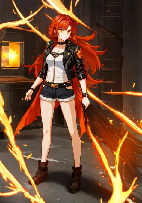 A stylish female assassin, 19 years old, with short fiery red-orange hair and a deep voice. She embodies the essence of a phoenix. She wears a black leather jacket and denim shorts, with a dagger attached to her thigh. Her leather jacket features subtle pa...