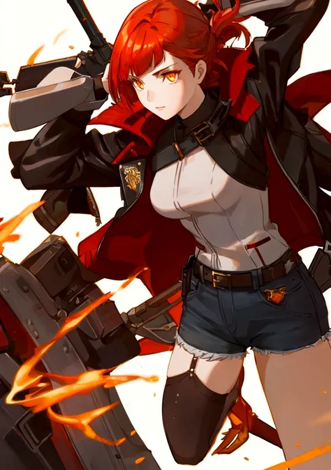 A stylish female assassin, 19 years old, with short fiery red-orange hair and a deep voice. She embodies the essence of a phoenix. She wears a black leather jacket and denim shorts, with a dagger attached to her thigh. Her leather jacket features subtle pa...