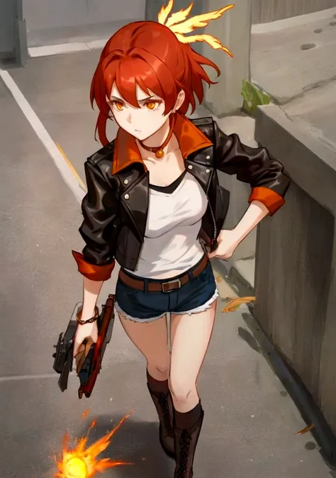 A stylish female assassin, 19 years old, with short fiery red-orange hair and a deep voice. She embodies the essence of a phoenix. She wears a black leather jacket and denim shorts, with a dagger attached to her thigh. Her leather jacket features subtle pa...