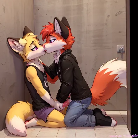 Anthropomorphic male crimson fox, with purple eyes, horns, pink nose, black ears, wearing deportive clothes, kissing, kiss against the wall, sitting on floor, forced kiss with a light yellow fox wearing clothes, on knees, erect penis, masturbating, masturb...