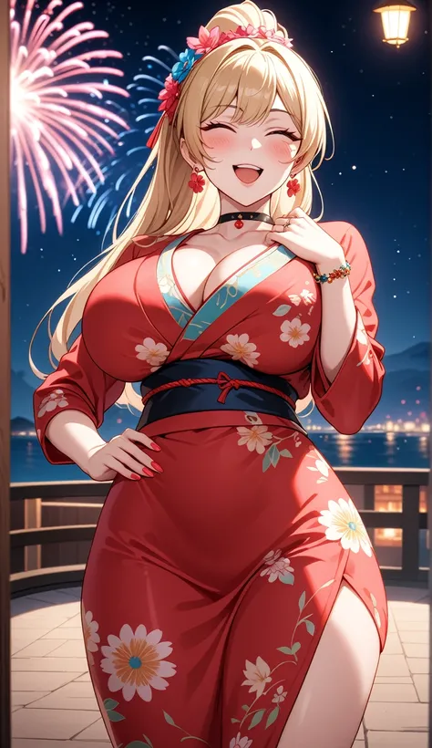 One personの女性)), Beautiful Face,Laughing embarrassedly,((Wink:2.0)),Laugh with your mouth wide open,((Bright red cheeks:1.4)),Glossy pink lips,night,rooftop,Festive decorations,You can see the ocean, firework,Glossy pink lips,Lighting on the face,((Anime s...