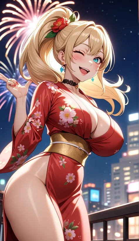 One personの女性)), Beautiful Face,Laughing embarrassedly,((Wink:2.0)),Laugh with your mouth wide open,((Bright red cheeks:1.4)),Glossy pink lips,night,rooftop,Festive decorations,You can see the ocean, firework,Glossy pink lips,Lighting on the face,((Anime s...