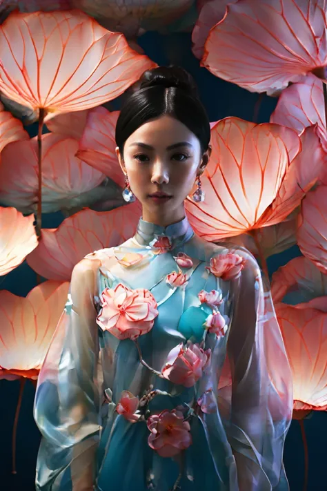 image of a beautiful woman covered in plum blossoms, using vray tracking style, snow scene, body fluid, glass sculpture, macro z...