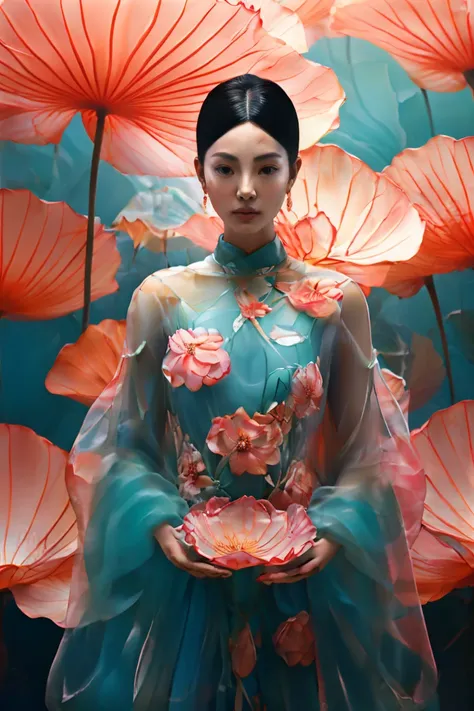 image of a beautiful woman covered in plum blossoms, using vray tracking style, snow scene, body fluid, glass sculpture, macro z...