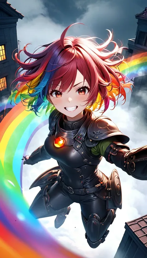 From above, Highest quality, Highest quality, 16K, Unbelievably absurd, Very detailed, 3D, delicate and dynamic, Ruthless, Cool and beautiful female warrior, Shining Rainbow Perspective, Rainbow colored messy wavy short hair, Captivating look, Excited expr...