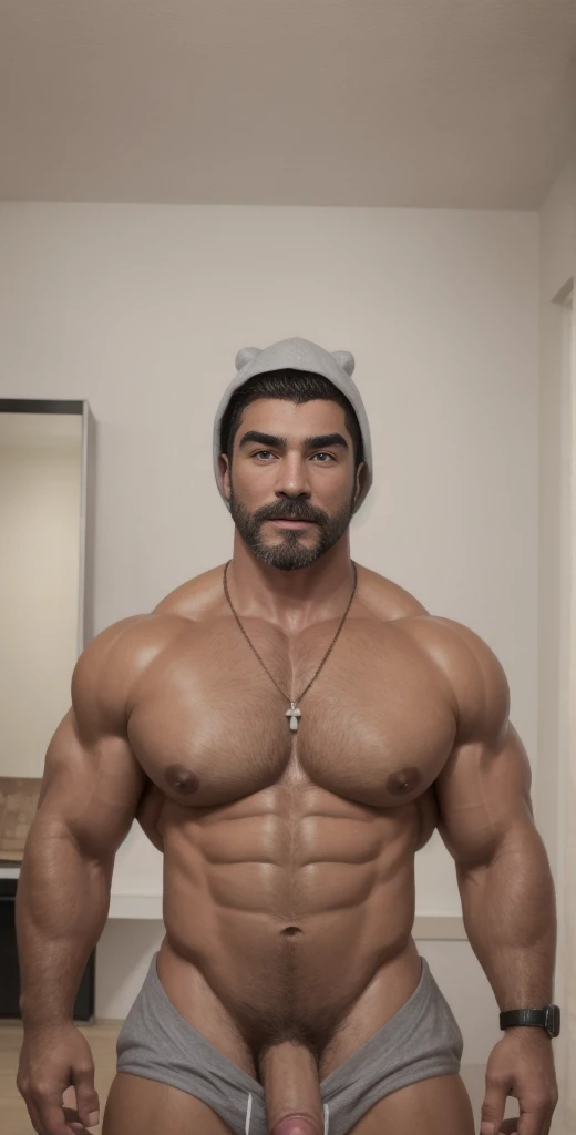 1boy, solo, facial hair, male focus, flaccid penis, pectorals, bara, muscular, mature male, muscular male, abs, beard, nipples, short hair, navel, stomach, large pectorals, thick eyebrows, bare pectorals, dark-skinned male, erection, thighs, erection under...