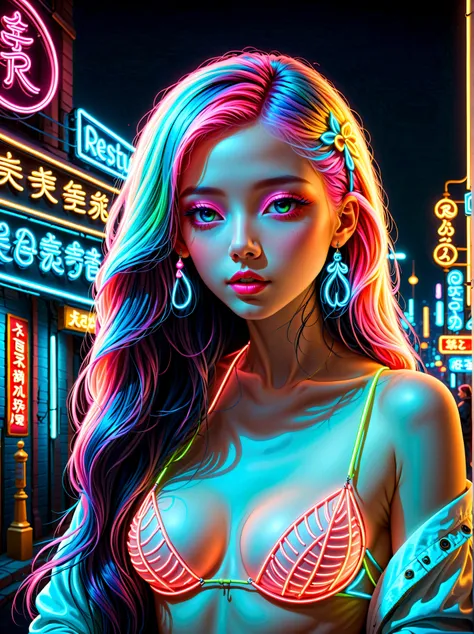 neon, (发光的neon玻璃制成的招牌)，透明neon材质，gloss，refraction details，albino girl，neon线长须水母在头上，long hair doll，(发光neon线制成的长裙:1.5)，renaissance，...