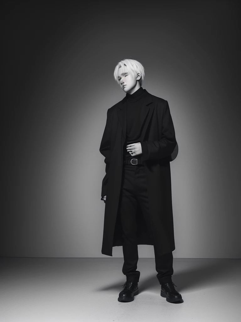 Portrait of Agust D, the lonely and introspective alter ego of BTSs Suga. Show Agust D with dark hair, serious and intense expression, wearing black clothes, on a monochromatic and somber background, with an air of melancholy and emotional depth."