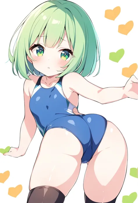 1 girl, cute, young, green hair, bob haircut, green eyes, competition swimsuit, thigh high,