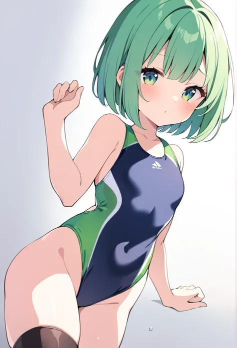 1 girl, cute, young, green hair, bob haircut, green eyes, competition swimsuit, thigh high,