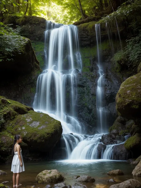 (masterpiece), (human-like skin), (tan skin), a 6-year-old Thai girl (bangs), (back braids), stood in front of a waterfall in a beautiful, quiet forest. Her eyes were mesmerizing.  With brightness and details  Reflecting the beauty of the environment   Her...